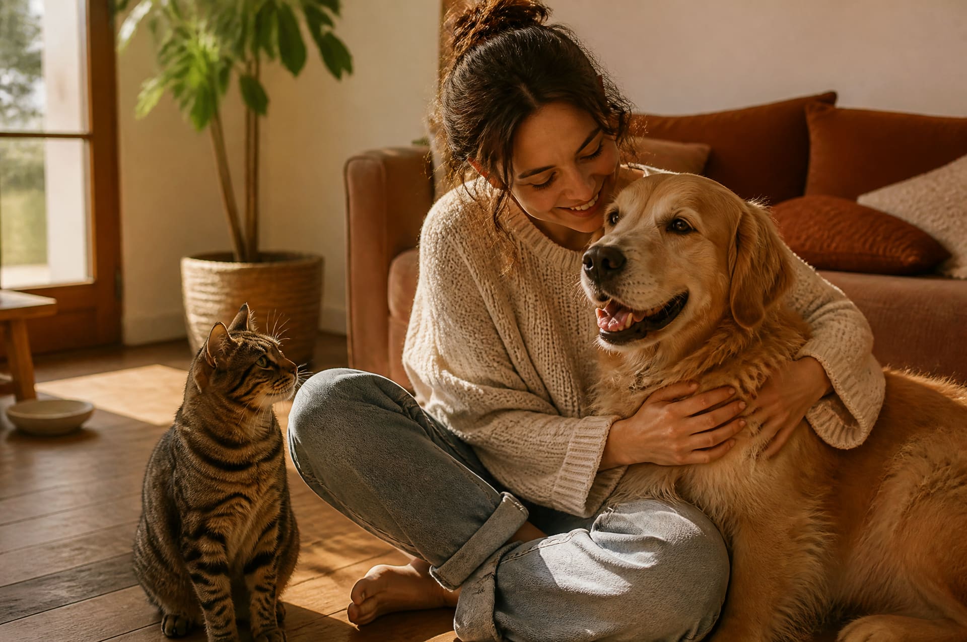 Une personne avec son chien et son chat